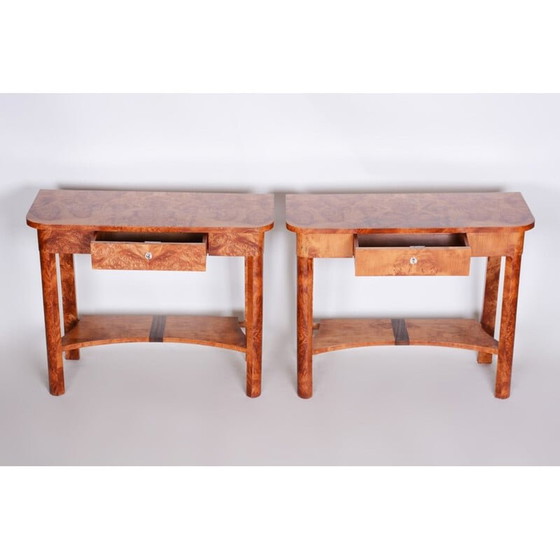 Image 1 of Paar Art Deco vintage iepenhouten bijzettafels, jaren 1920