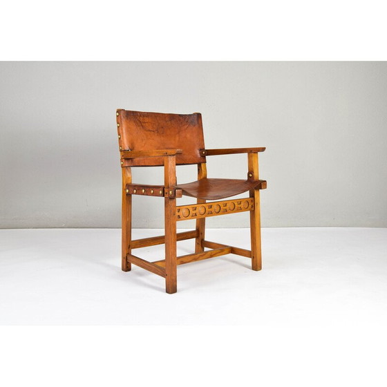 Image 1 of Vintage Castellana fauteuil in eiken en cognac leer, Spanje
