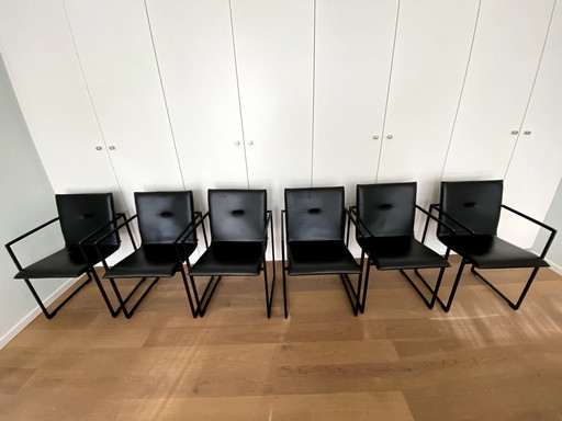 6x Arco Frame Eetkamerstoelen, Zwart Leder