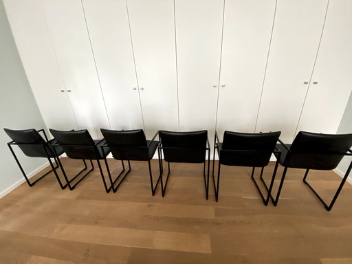 6x Arco Frame Eetkamerstoelen, Zwart Leder