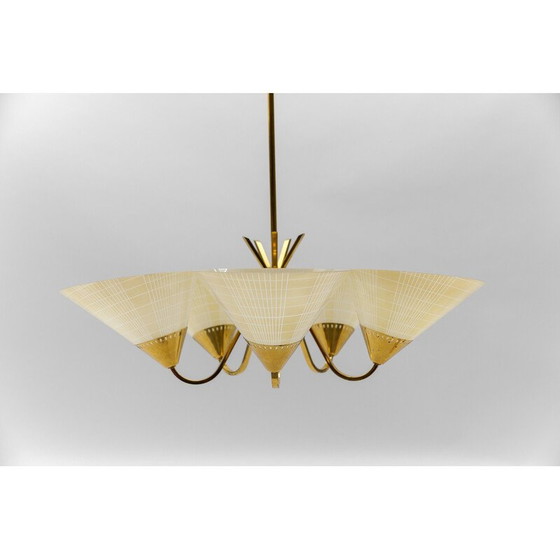 Image 1 of Vintage 5-lichts glazen en messing Sputnik plafondlamp, 1950