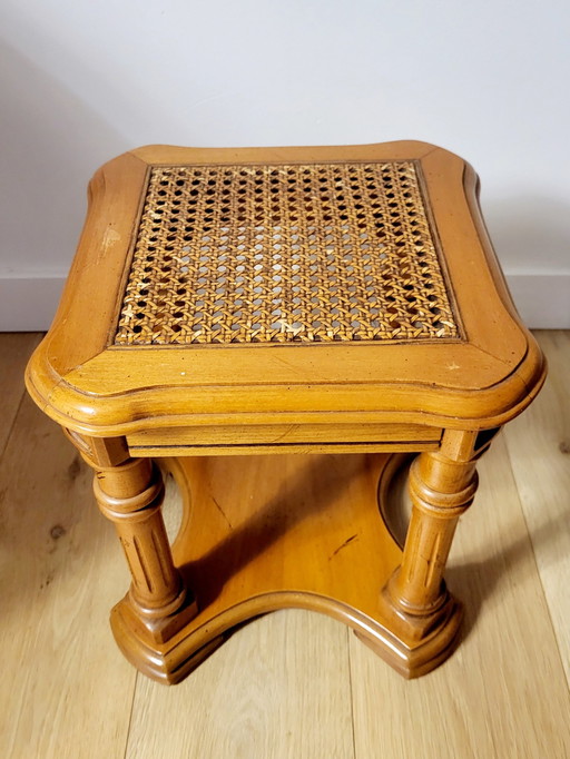 Vintage Massief Houten Bijzettafeltje Of Plantentafel Met Webbing