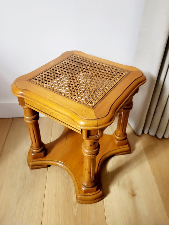 Image 1 of Vintage Massief Houten Bijzettafeltje Of Plantentafel Met Webbing