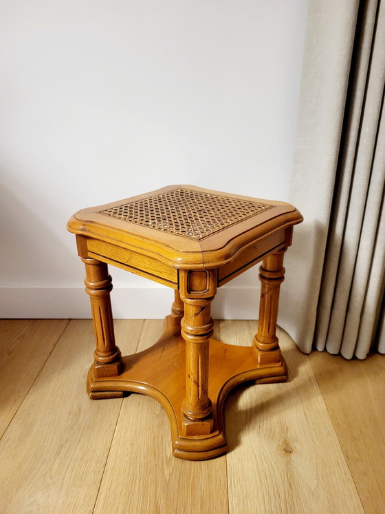 Image 1 of Vintage Massief Houten Bijzettafeltje Of Plantentafel Met Webbing