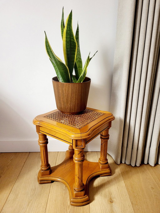 Vintage Massief Houten Bijzettafeltje Of Plantentafel Met Webbing