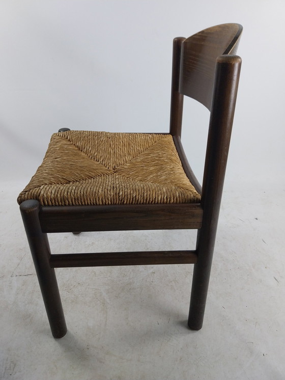 Image 1 of 6 X 1970'S Houten Eetkamerstoelen Met Biezen Zitting. 