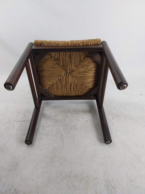 Image 1 of 6 X 1970'S Houten Eetkamerstoelen Met Biezen Zitting. 