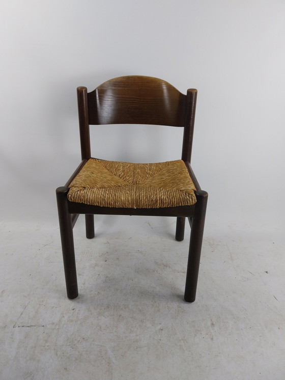 Image 1 of 6 X 1970'S Houten Eetkamerstoelen Met Biezen Zitting. 