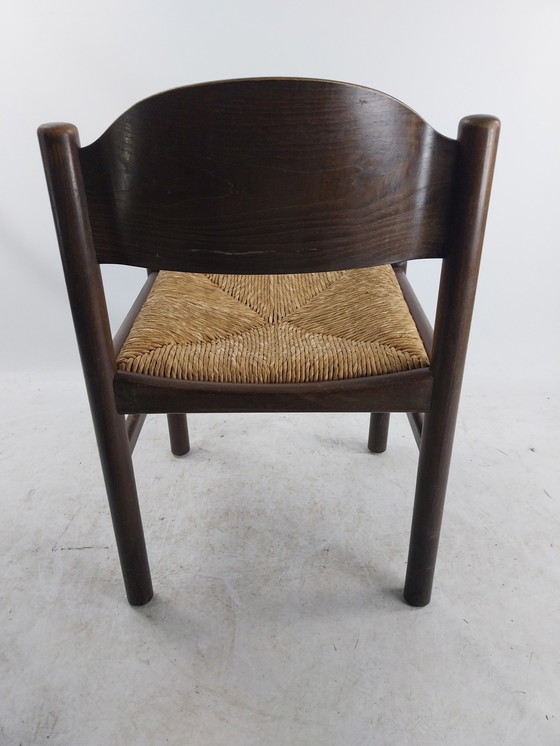 Image 1 of 6 X 1970'S Houten Eetkamerstoelen Met Biezen Zitting. 