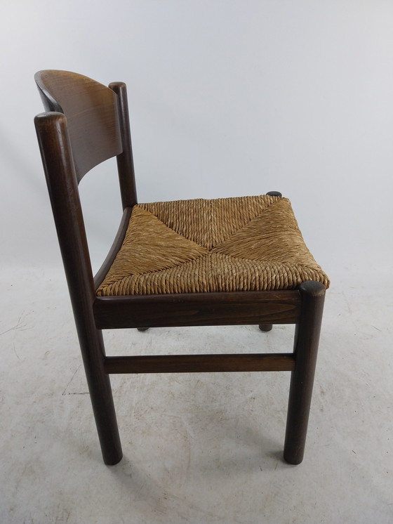 Image 1 of 6 X 1970'S Houten Eetkamerstoelen Met Biezen Zitting. 