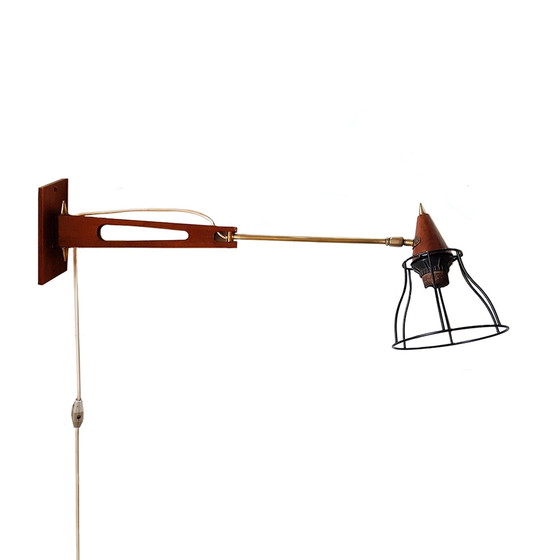 Image 1 of Mid-Century Scandinavische Teak & Messing Swing Arm Wandlamp