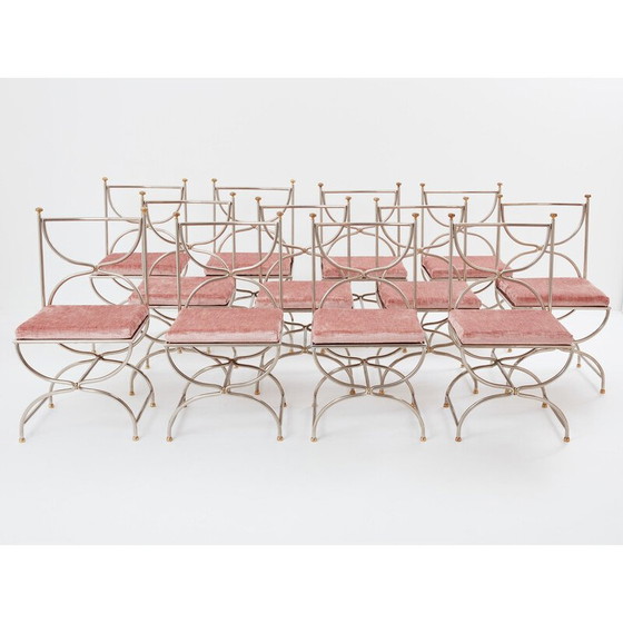 Image 1 of Set van 12 vintage "Curule Savonarola" stoelen in messing en roze fluweel voor Maison Jansen, 1960