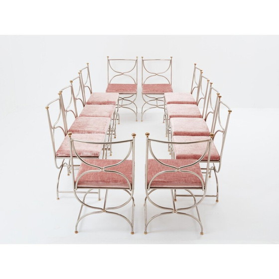 Image 1 of Set van 12 vintage "Curule Savonarola" stoelen in messing en roze fluweel voor Maison Jansen, 1960