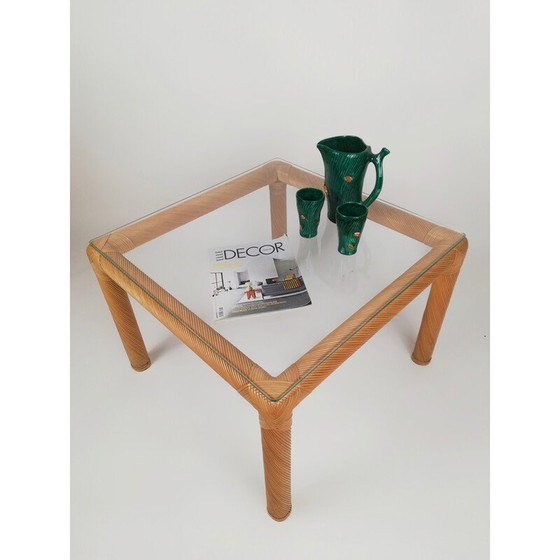 Image 1 of Mid-eeuwse salontafel van rotan, riet en glas, jaren 1970