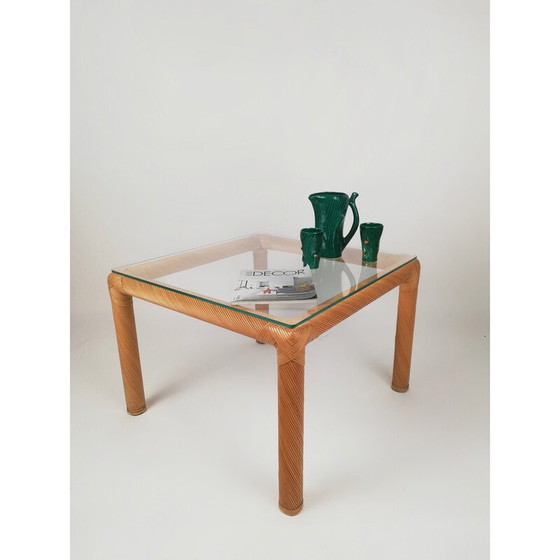 Image 1 of Mid-eeuwse salontafel van rotan, riet en glas, jaren 1970