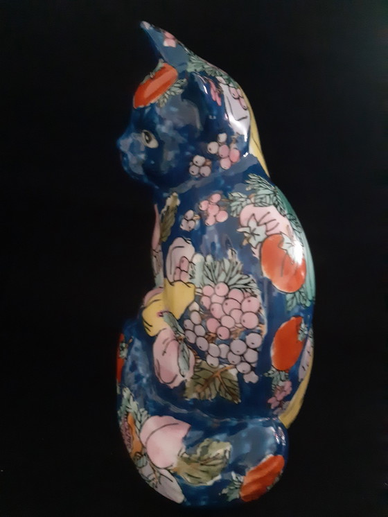 Image 1 of Uiterst Zeldzame Aziatische Keramische Kat, Blauw Met Fruitmotief, Hk 5 Dynasty, Grote Versie