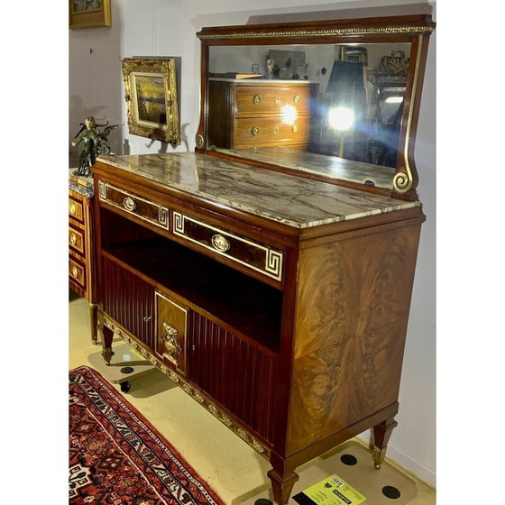 Image 1 of Vintage Art Deco highboard in mahonie, goudbrons en wit marmer