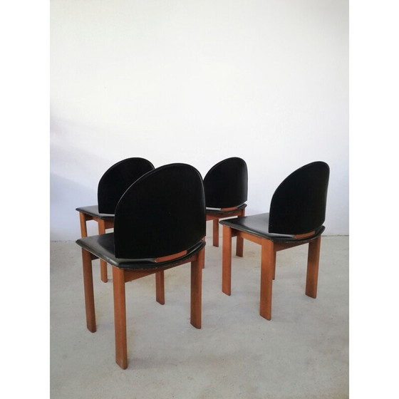Image 1 of Set van 4 vintage sculpturale stoelen in leer en massief hout van Mobil Girgi, 1970-1980
