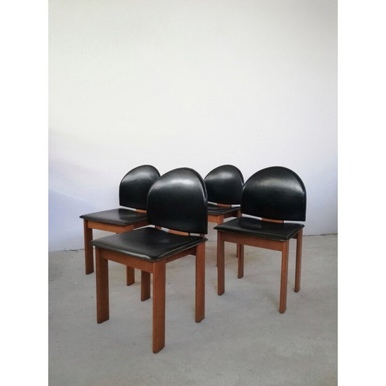 Image 1 of Set van 4 vintage sculpturale stoelen in leer en massief hout van Mobil Girgi, 1970-1980