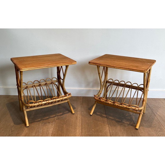 Image 1 of Paar vintage bankeinden met rotan tijdschriftenrek, 1950