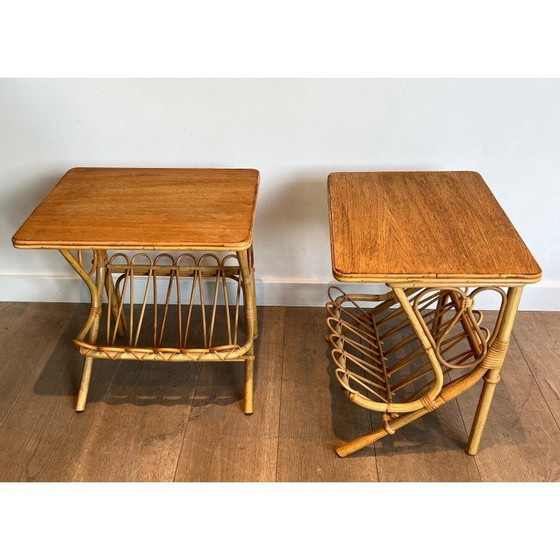 Image 1 of Paar vintage bankeinden met rotan tijdschriftenrek, 1950