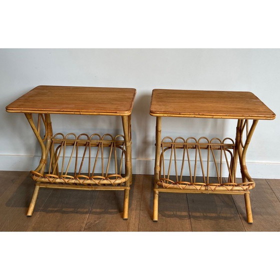 Image 1 of Paar vintage bankeinden met rotan tijdschriftenrek, 1950