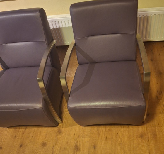 Image 1 of Set  Design Fauteuils Paars Leer Rvs