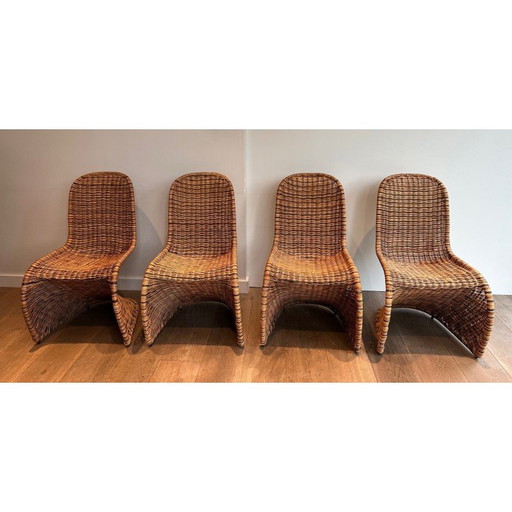 Set van 4 vintage gebogen rotanstoelen, Frankrijk 1970