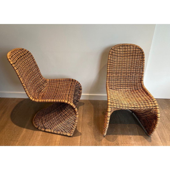 Image 1 of Set van 4 vintage gebogen rotanstoelen, Frankrijk 1970