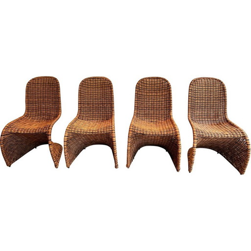 Set van 4 vintage gebogen rotanstoelen, Frankrijk 1970