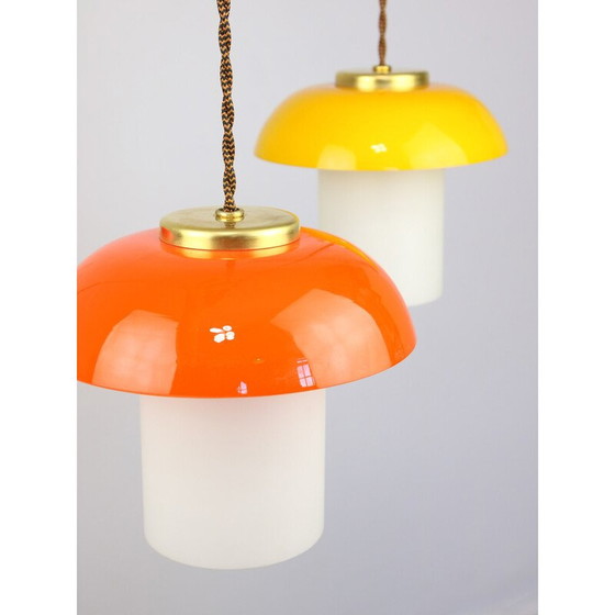 Image 1 of Paar glazen en koperen hanglampen uit de Mid Century