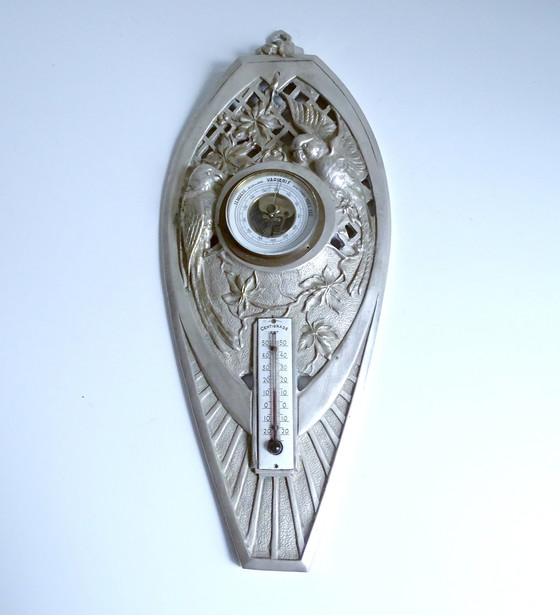 Image 1 of Zeer grote Franse Art Deco Bronzen Papegaai Barometer