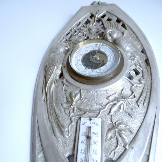 Image 1 of Zeer grote Franse Art Deco Bronzen Papegaai Barometer