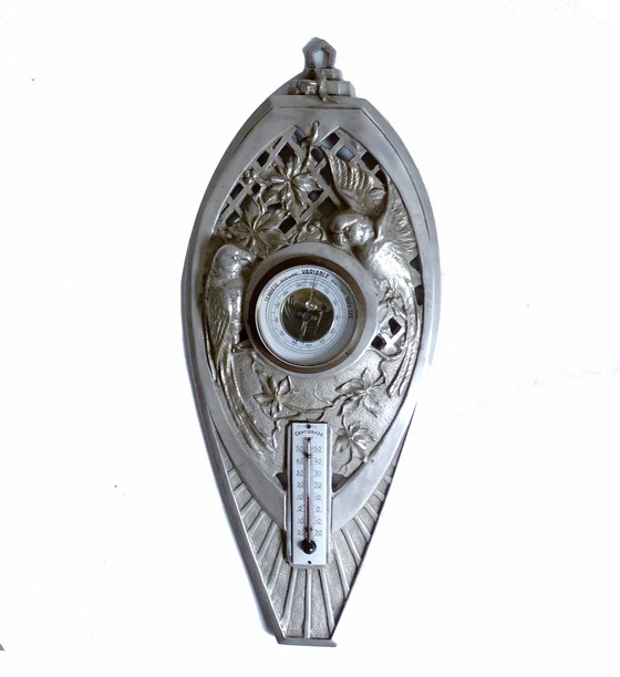 Image 1 of Zeer grote Franse Art Deco Bronzen Papegaai Barometer