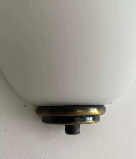 Image 1 of 2X Vintage Vianne Glas, Opaline en Messing Wandlampen, Domec Frankrijk 1970