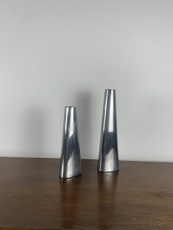 Image 1 of Duo van zilveren aluminium kandelaars, Ikea 1980