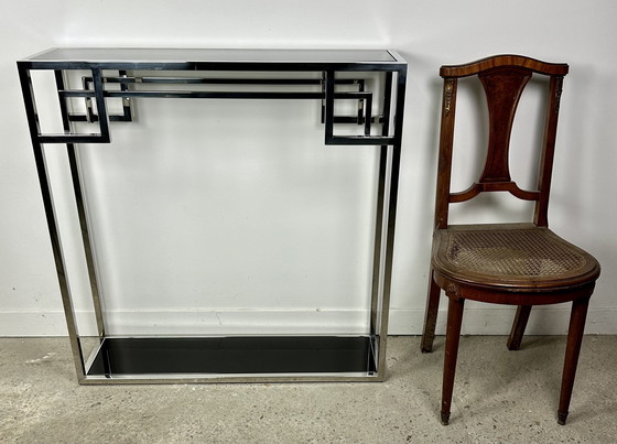 Image 1 of Art Deco Verchroomd Metalen Console Met Zwart Glazen Top