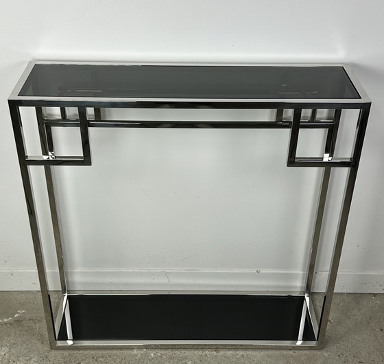 Image 1 of Art Deco Verchroomd Metalen Console Met Zwart Glazen Top