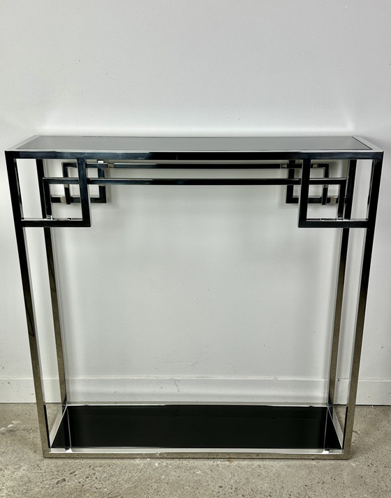 Image 1 of Art Deco Verchroomd Metalen Console Met Zwart Glazen Top