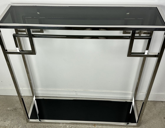 Image 1 of Art Deco Verchroomd Metalen Console Met Zwart Glazen Top