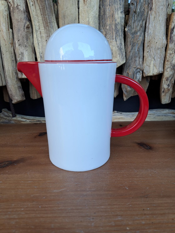 Image 1 of Vintage witte keramieken theepot met rode accenten