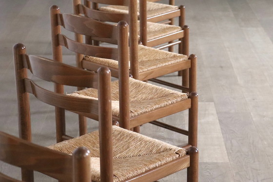 Image 1 of Midcentury moderne eetkamerstoelen in eiken en biezen, Frankrijk 1960S