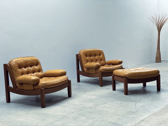 Image 1 of Carl Straub Midcentury Loungestoel & Ottoman Leer Geel Duitsland 1970