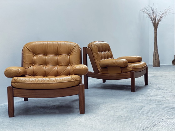 Image 1 of Carl Straub Midcentury Loungestoel & Ottoman Leer Geel Duitsland 1970