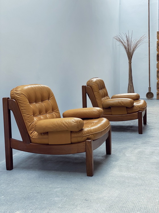 Image 1 of Carl Straub Midcentury Loungestoel & Ottoman Leer Geel Duitsland 1970