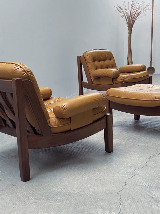 Image 1 of Carl Straub Midcentury Loungestoel & Ottoman Leer Geel Duitsland 1970