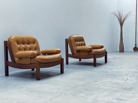 Image 1 of Carl Straub Midcentury Loungestoel & Ottoman Leer Geel Duitsland 1970