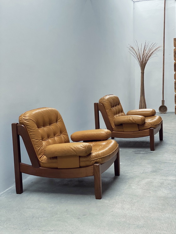 Image 1 of Carl Straub Midcentury Loungestoel & Ottoman Leer Geel Duitsland 1970