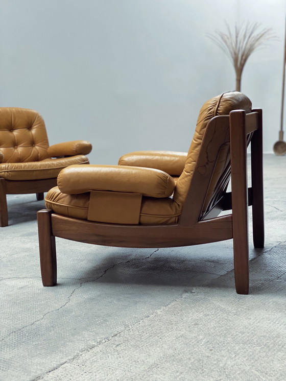 Image 1 of Carl Straub Midcentury Loungestoel & Ottoman Leer Geel Duitsland 1970