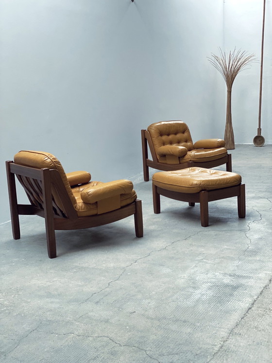 Image 1 of Carl Straub Midcentury Loungestoel & Ottoman Leer Geel Duitsland 1970